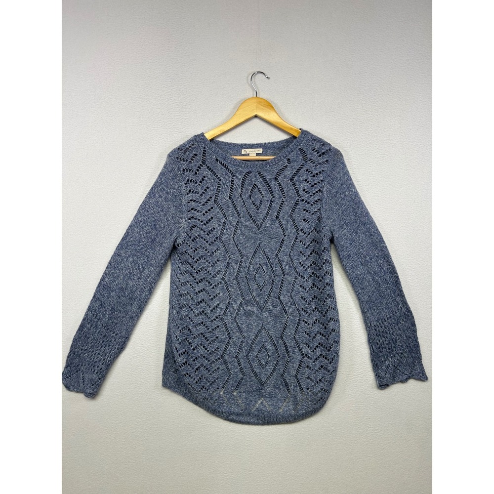 Boho Coastal C.J. Banks Womens Large Blue Crochet Pointelle Lined Sweater